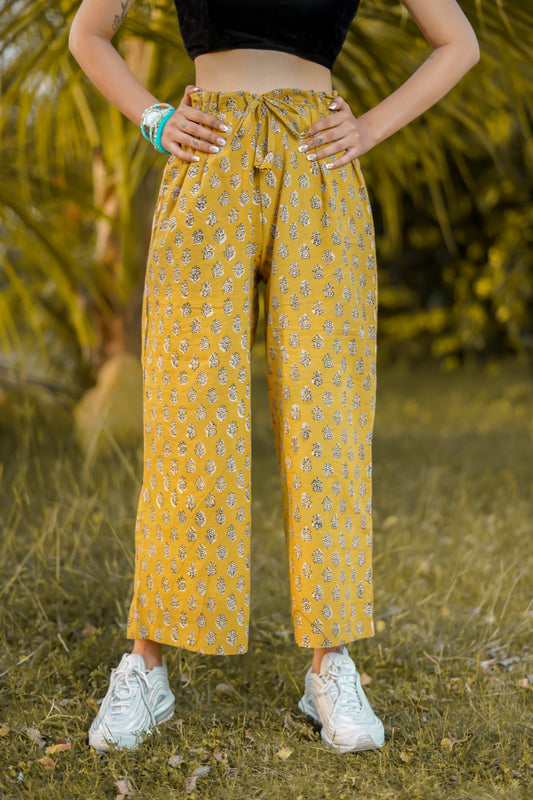 YELLOW ADJUSTABLE COTTON PARELLAL PANTS WITH WHITE-RED BAGRU HAND BLOCK PRINT