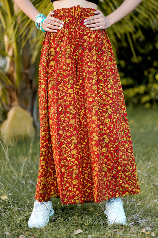 RED AND YELLOW COTTON WRAP SKIRT WITH BAGH HAND BLOCK PATTERN
