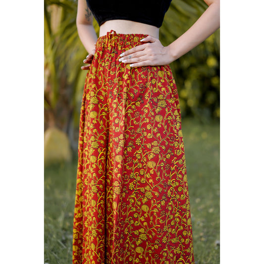 RED AND YELLOW COTTON WRAP SKIRT WITH BAGH HAND BLOCK PATTERN