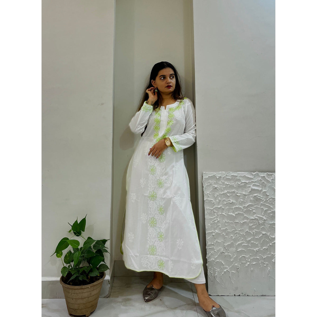 White Cotton Chikankari Kurti With Green Embroidery