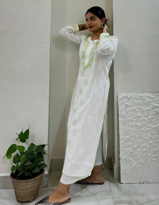 White Cotton Chikankari Kurti With Green Embroidery