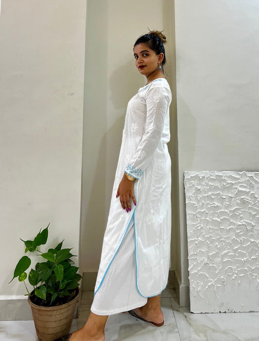 White Cotton Chikankari Kurti With Blue Embroidery