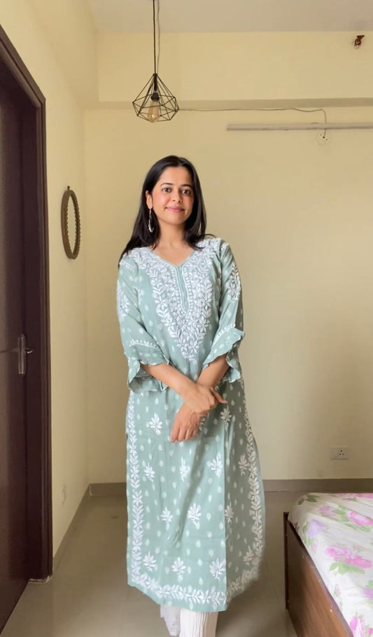 Olive Green Cotton Chikankari Kurti