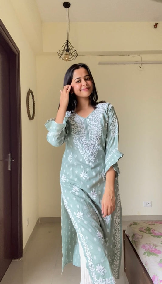 Olive Green Cotton Chikankari Kurti