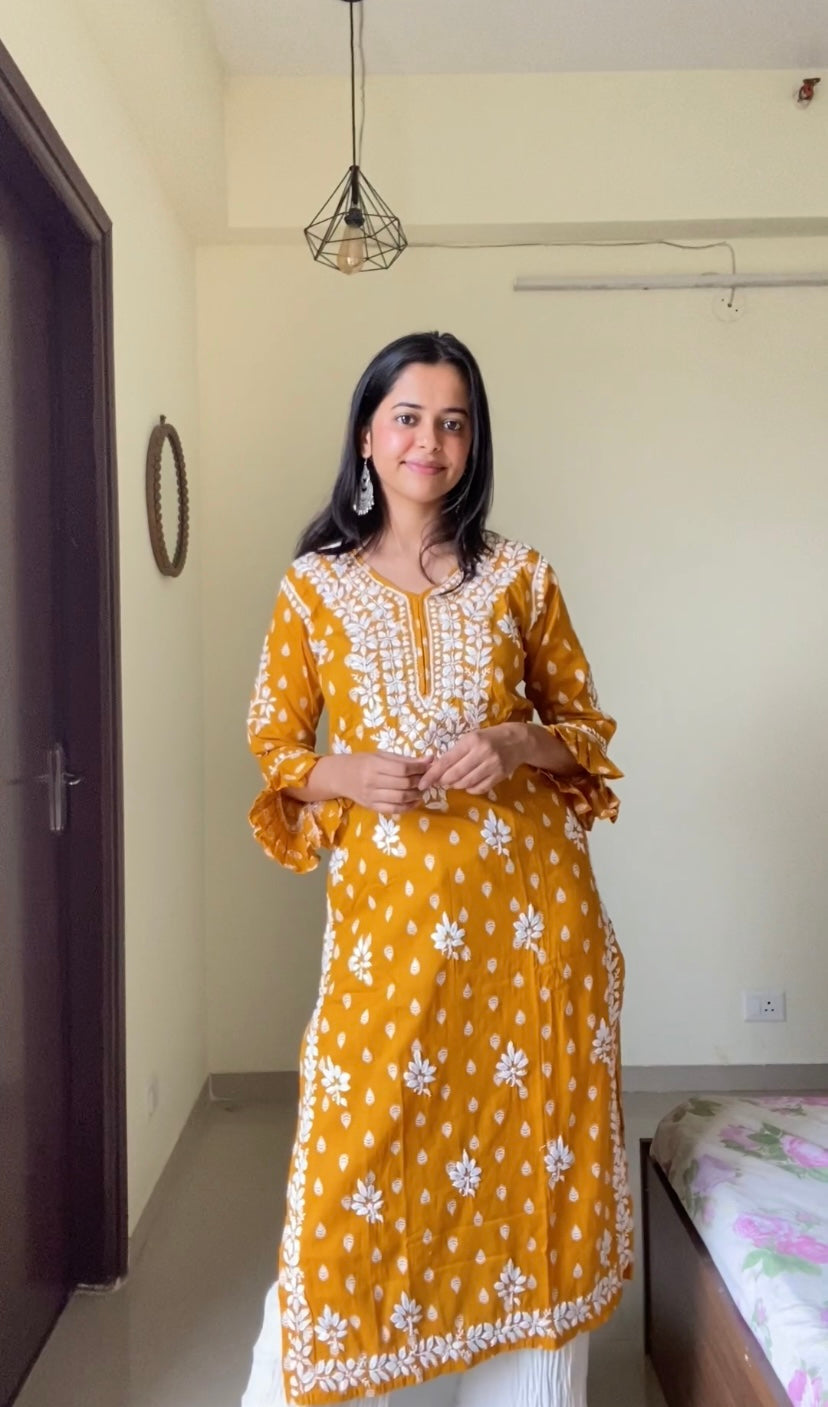 Yellow Cotton Chikankari Kurti