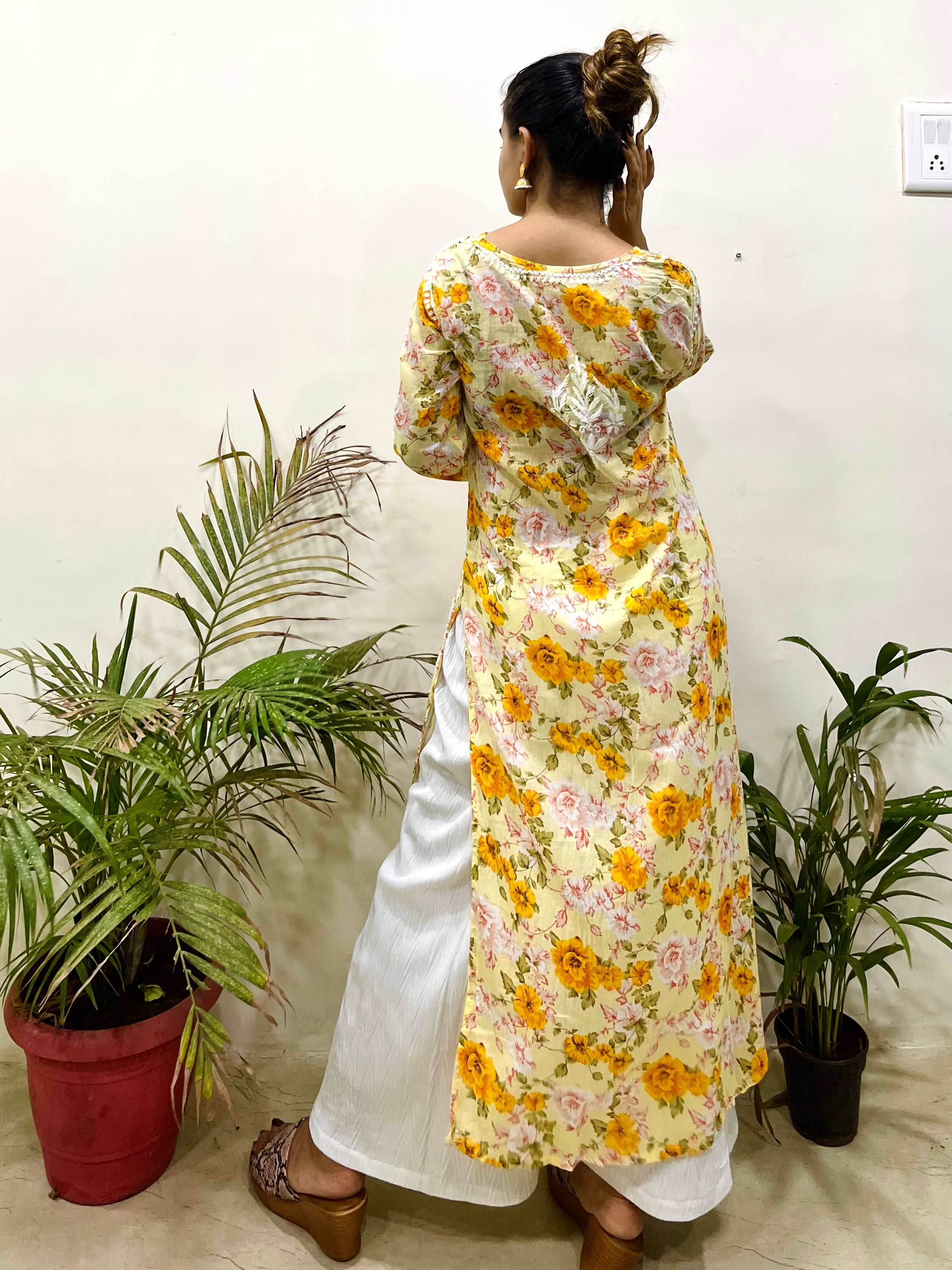 Flowery Yellow Cotton Kurti with White Chikankari Embroidery