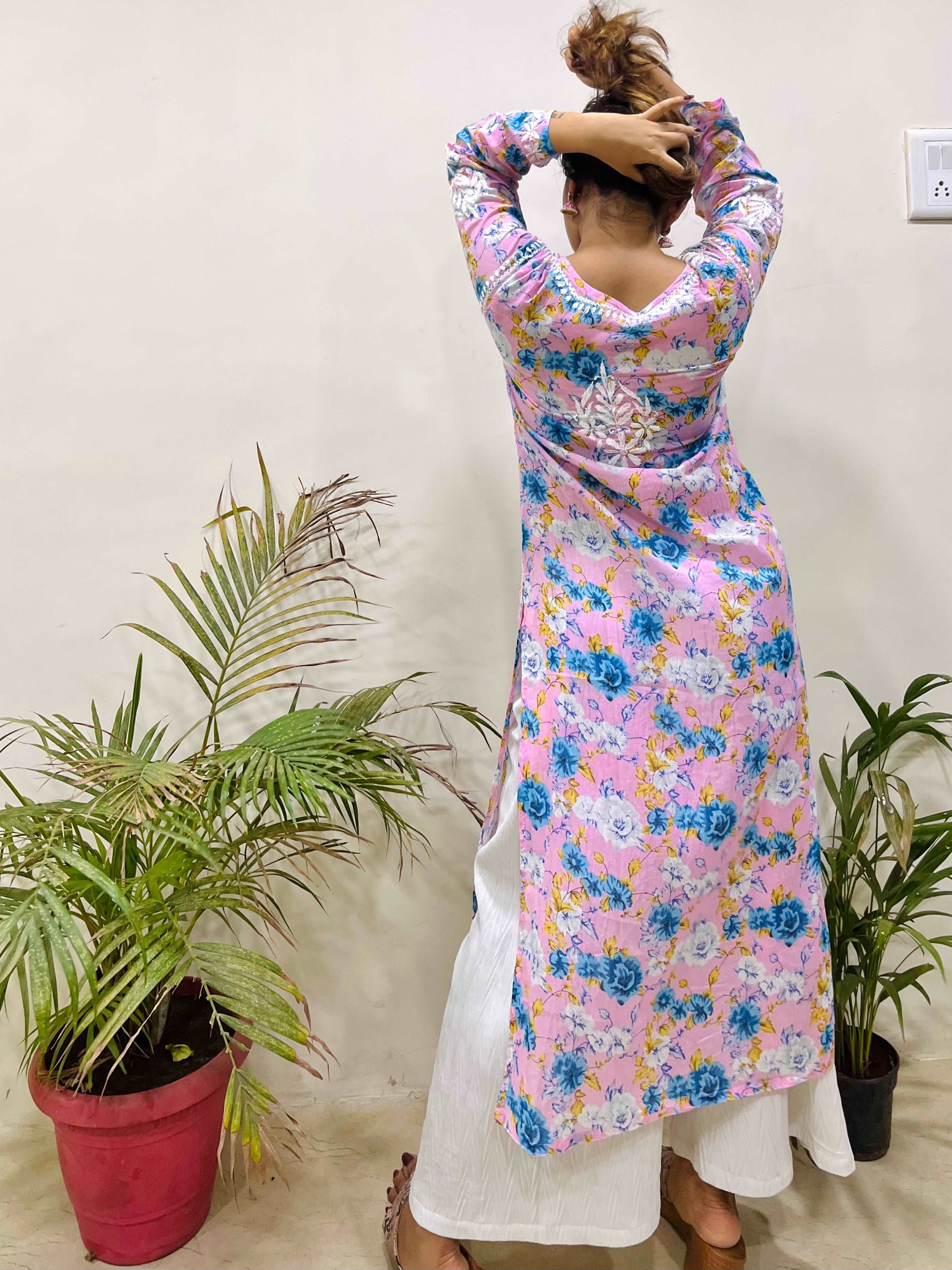 Flowery Pink Cotton Kurti with White Chikankari Embroidery