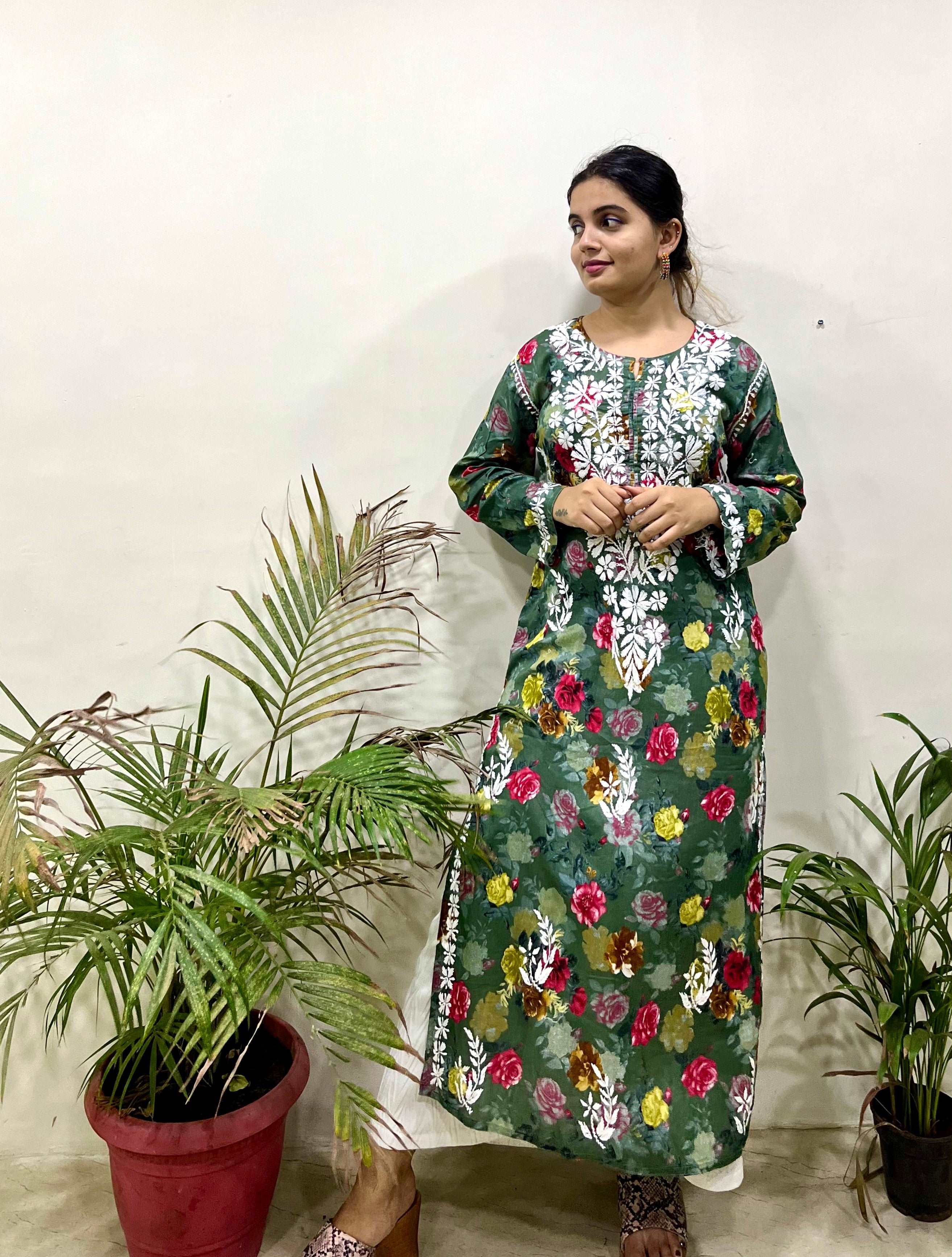 Flowery Dark Green Cotton Kurti with White Chikankari Embroidery