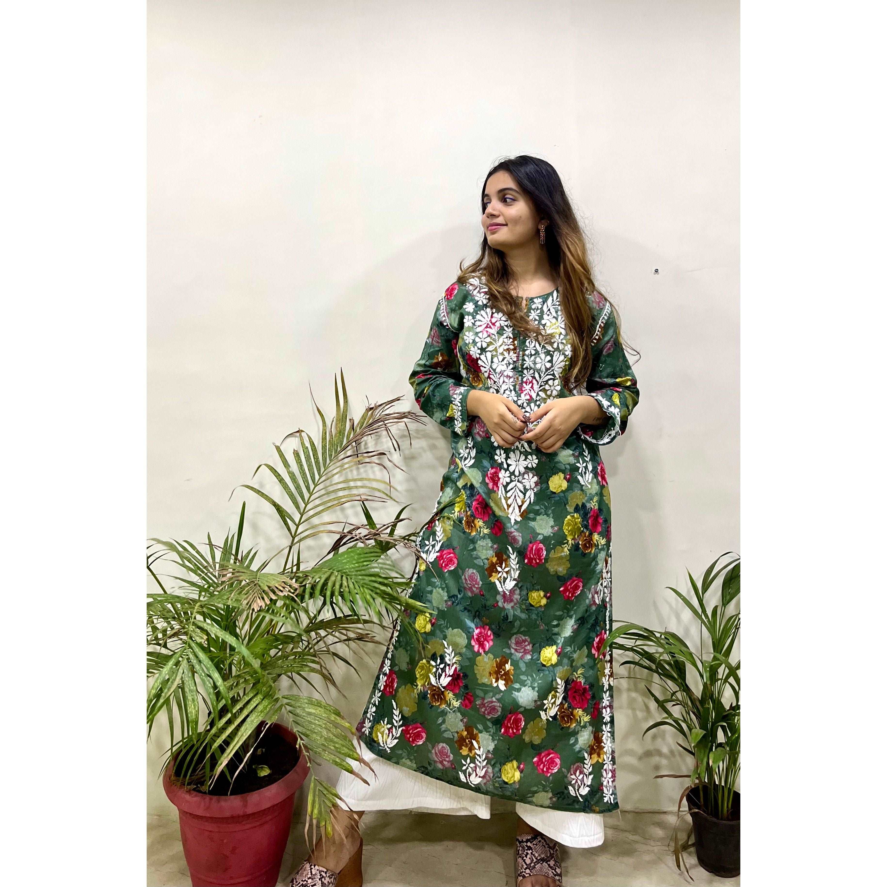 Flowery Dark Green Cotton Kurti with White Chikankari Embroidery