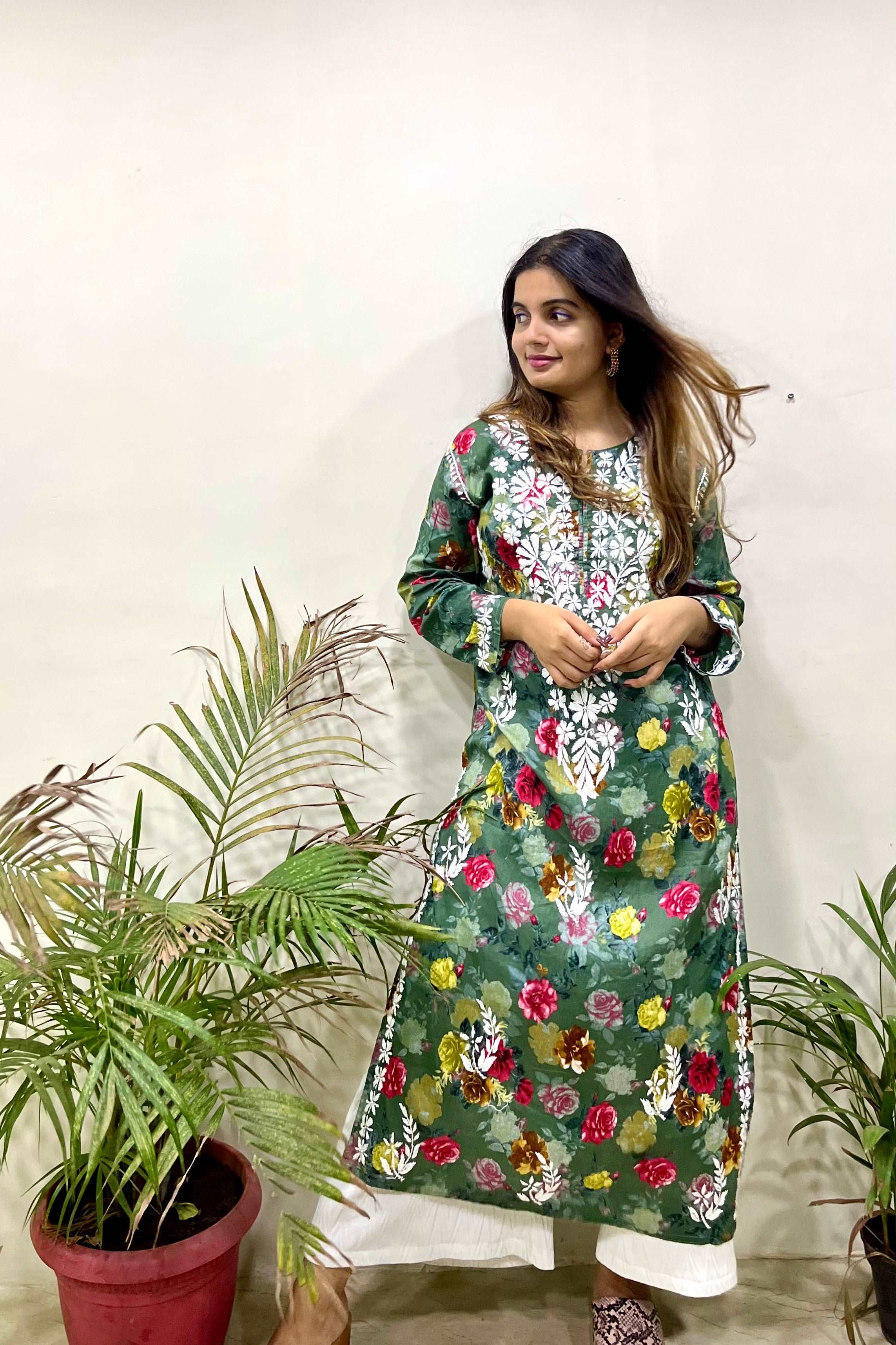 Flowery Dark Green Cotton Kurti with White Chikankari Embroidery