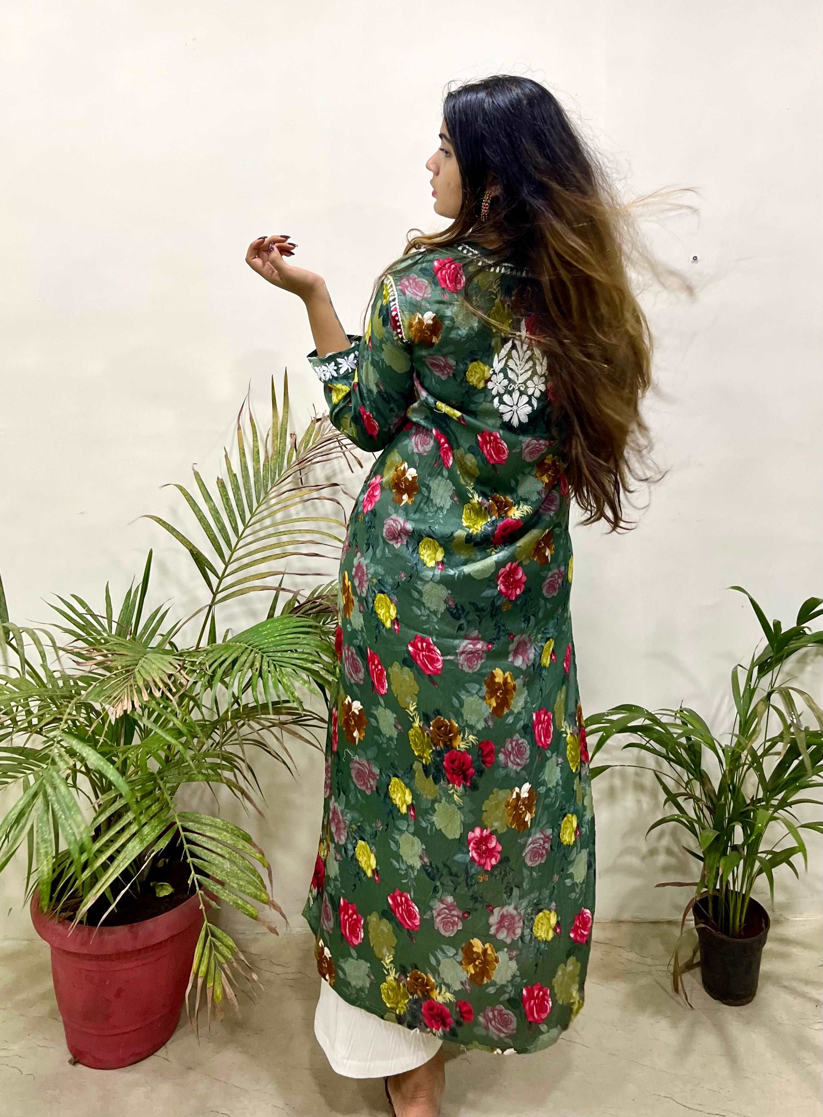 Flowery Dark Green Cotton Kurti with White Chikankari Embroidery