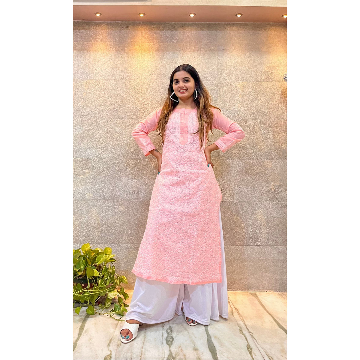 Peach Cotton Chikankari Kurti