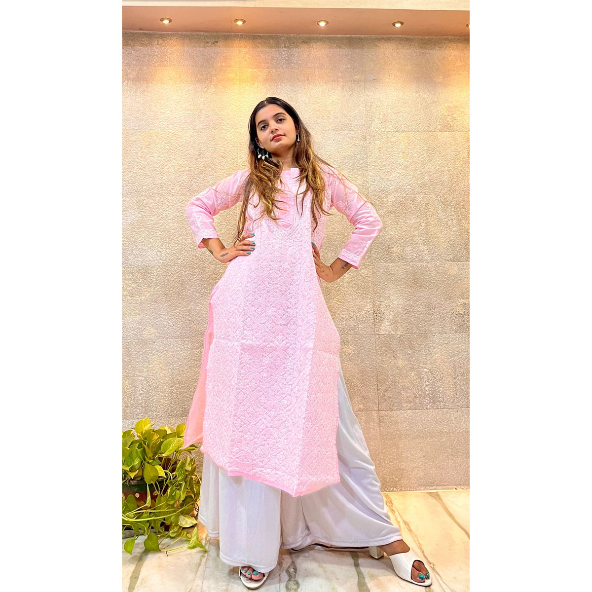 Pink Cotton Chikankari Kurti