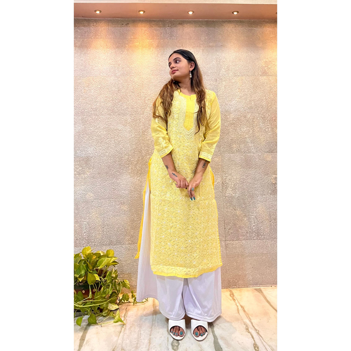 Yellow Cotton Chikankari Kurti