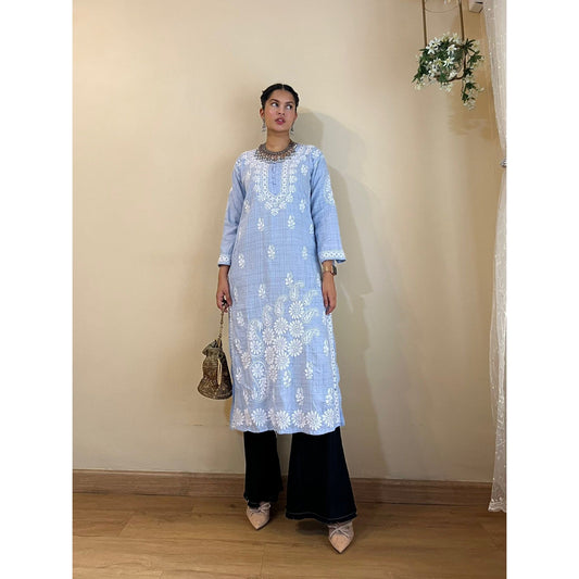 Powder Blue Cotton Chikankari Kurta