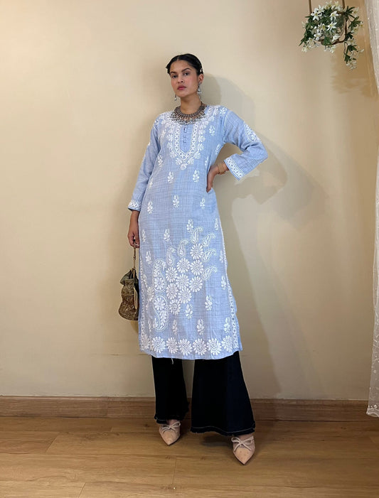 Powder Blue Cotton Chikankari Kurta