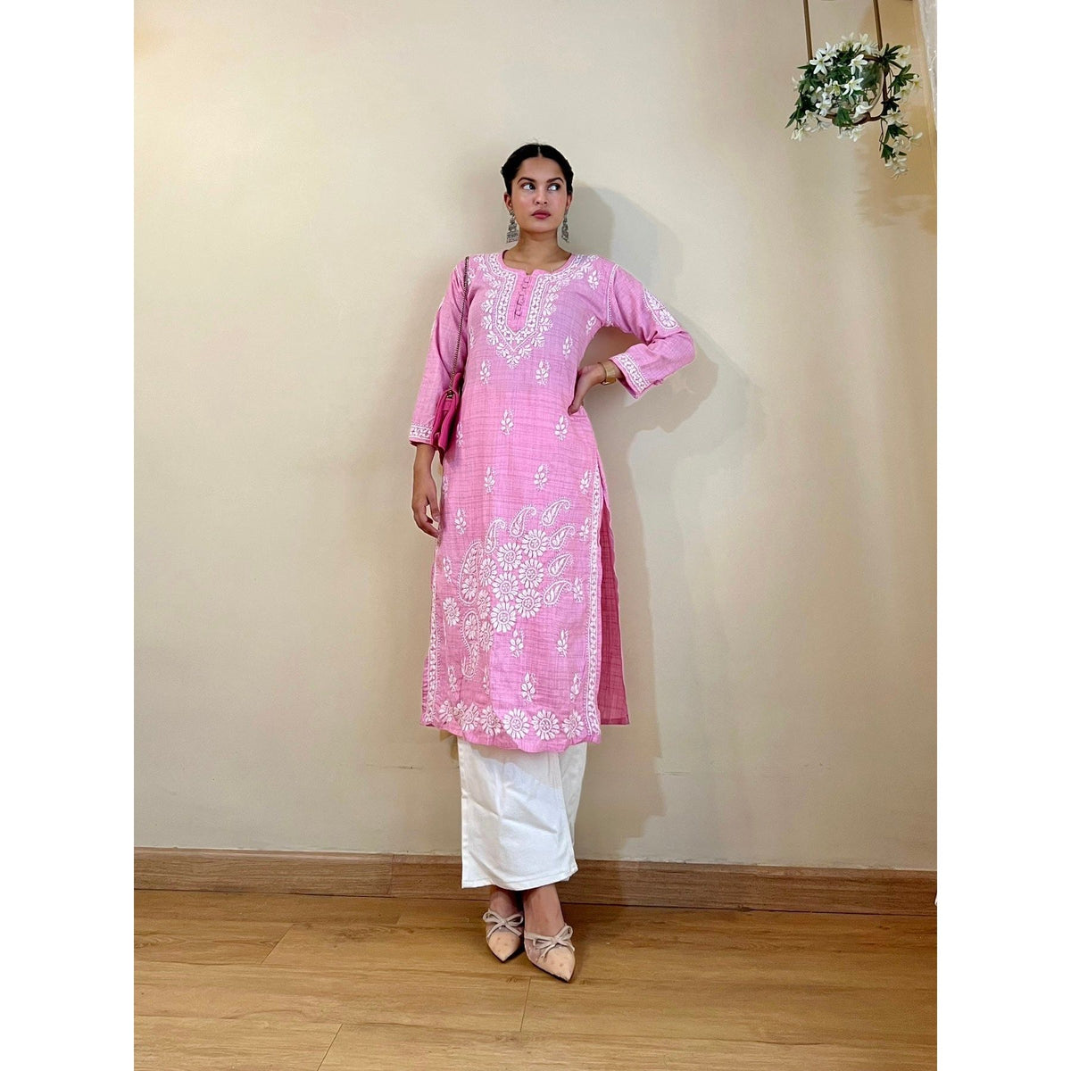 Pink Cotton Chikankari Kurta