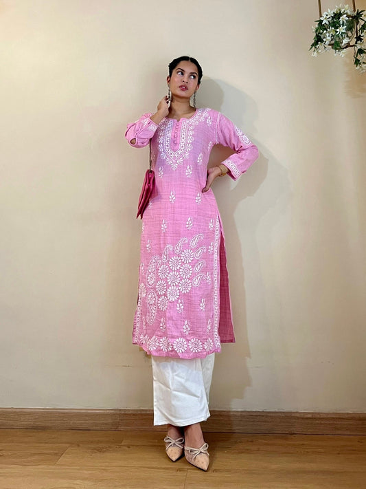 Pink Cotton Chikankari Kurta