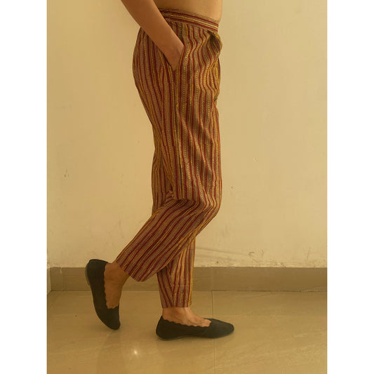 YELLOW COTTON,TROUSER WITH BAGH HAND BLOCK PRINTS