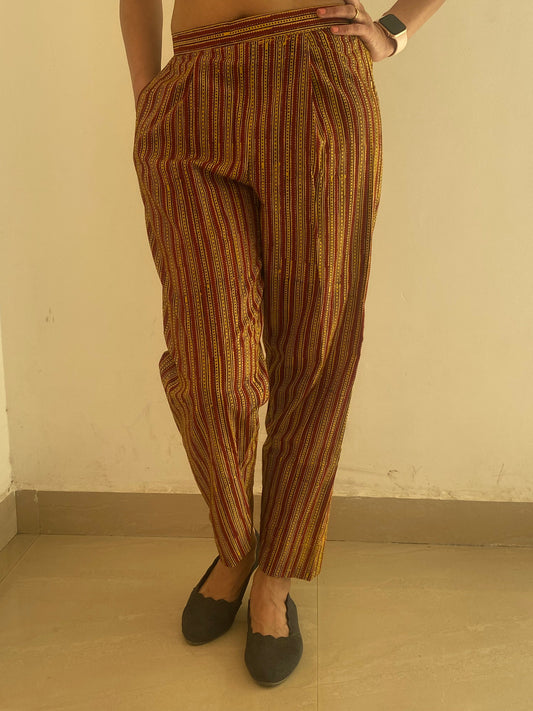 YELLOW COTTON,TROUSER WITH BAGH HAND BLOCK PRINTS