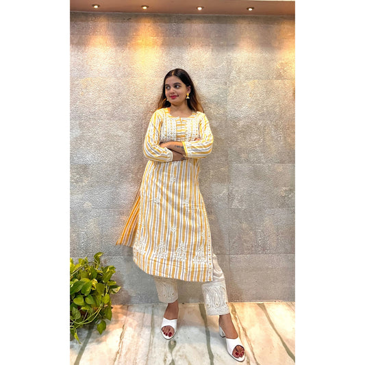 Yellow Stripes Chikankari Cotton Kurta