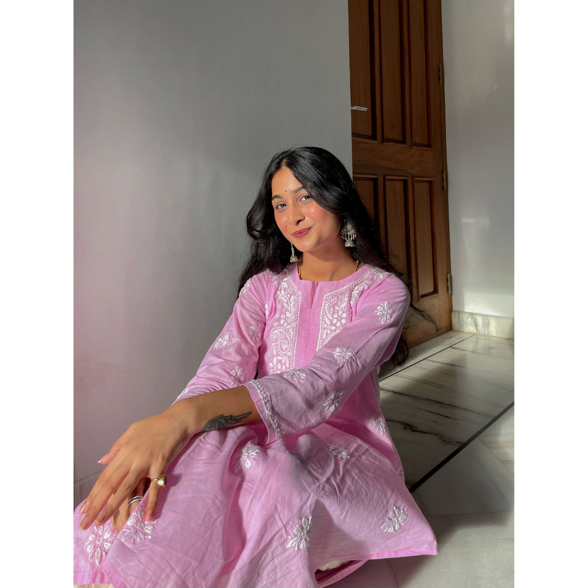 Pink Cotton Chikankari Kurta