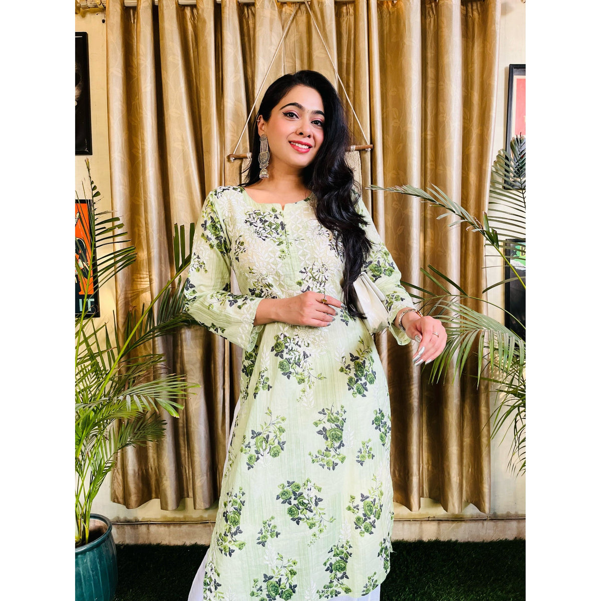 Olive Green Floral Long Kurti With Chikankari Work