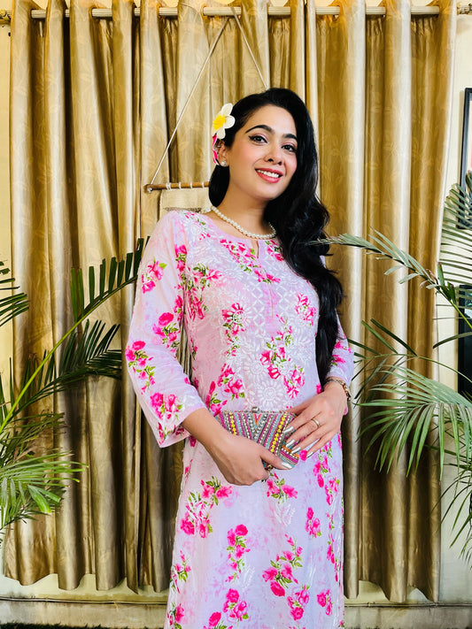 Pink Floral Long Kurti With Chikankari Work