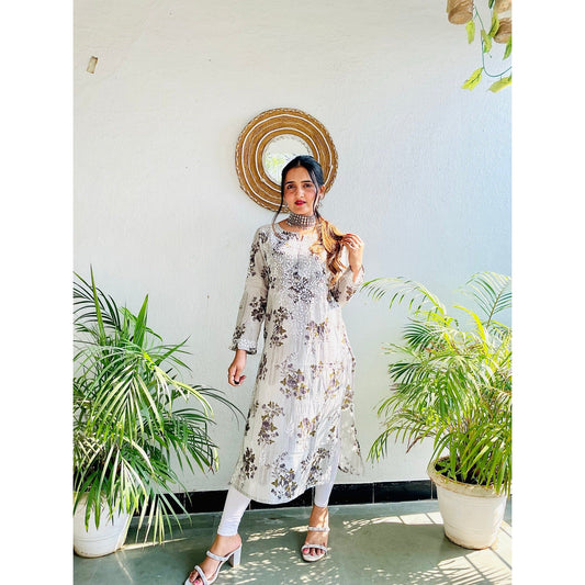 Grey Floral Long Kurti With Chikankari Work