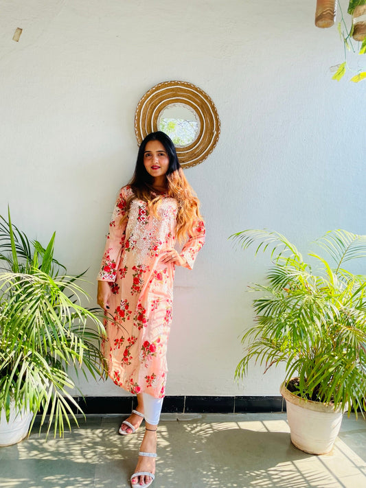 Orange Floral Long Kurti With Chikankari Work