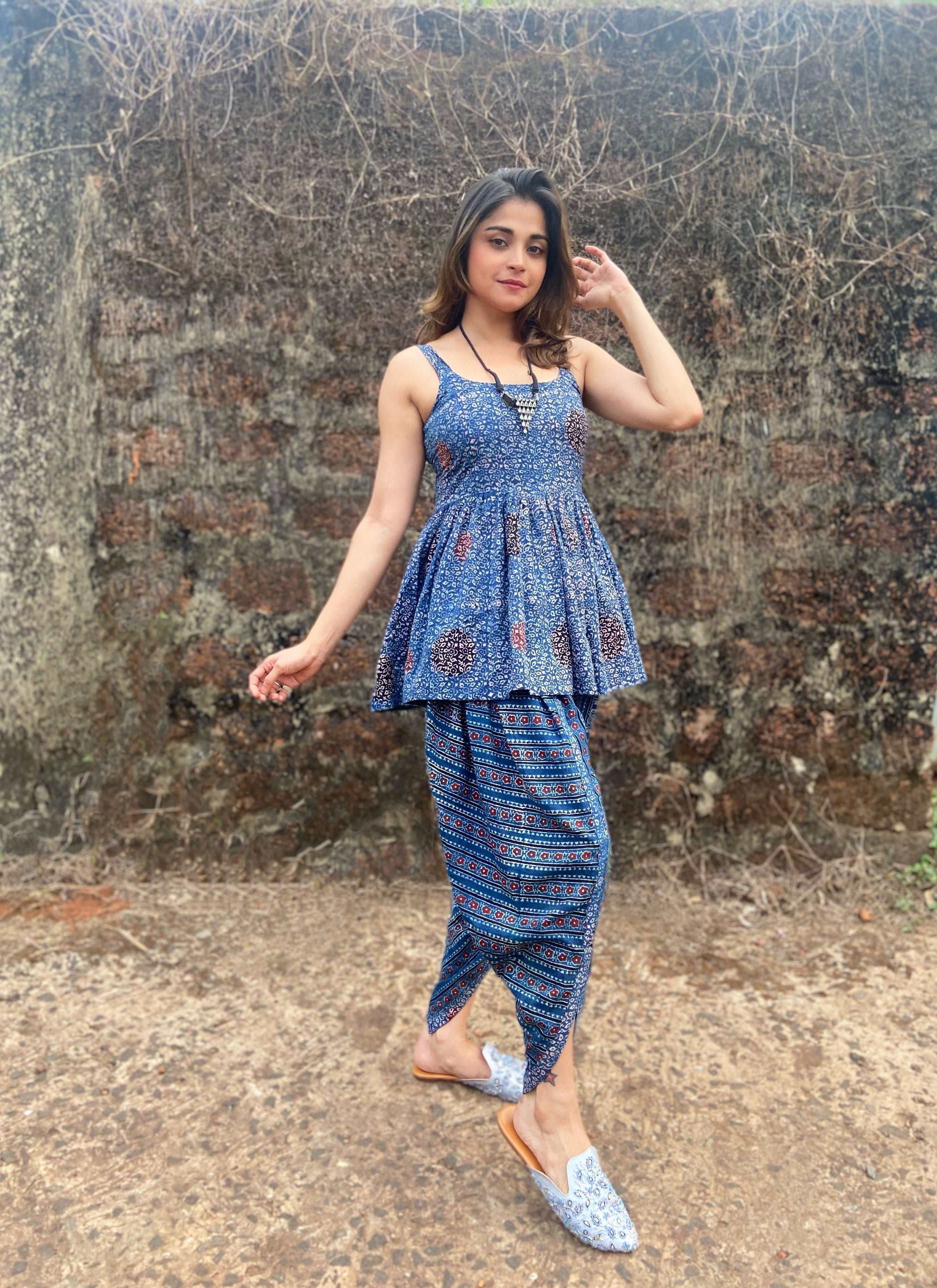 Ajrakh Hand Block-Printed baby-blue Handloom Top and Dhoti Pant SetThe VasilikiAjrakhKurta Setnike