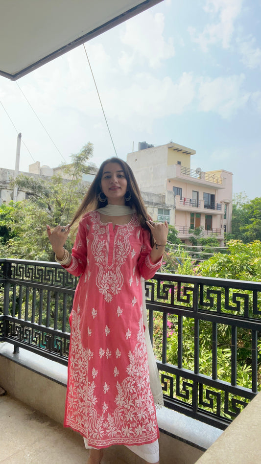 Carrot Red Cotton Chikankari Kurta