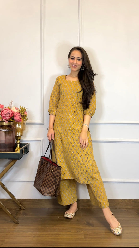 YELLOW COTTON PALAZZO WITH BAGRU HAND-BLOCK PRINT