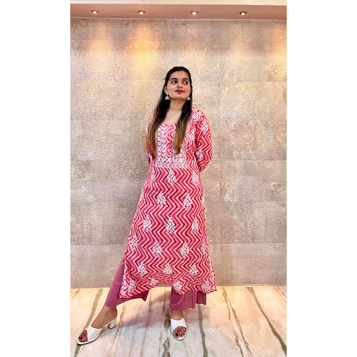 Red Zigzag Lehariya Cotton Chikankari Kurti