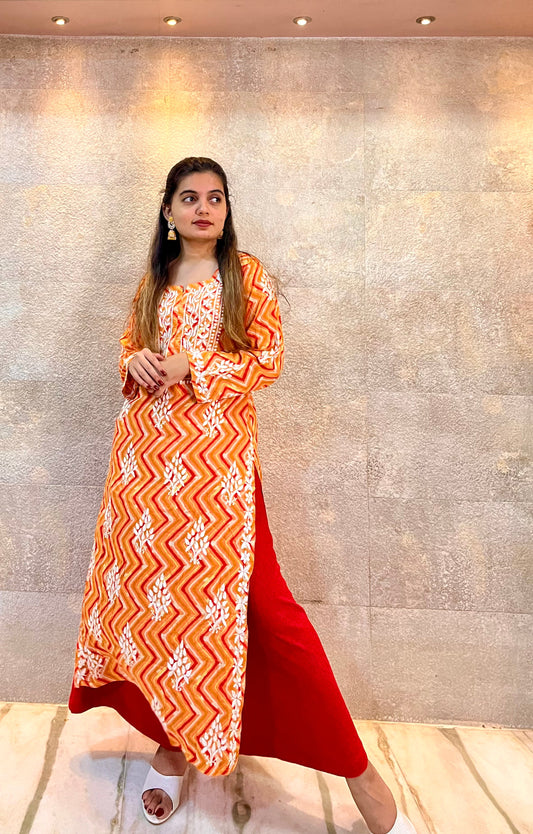 Orange Zigzag Lehariya Cotton Chikankari Kurti