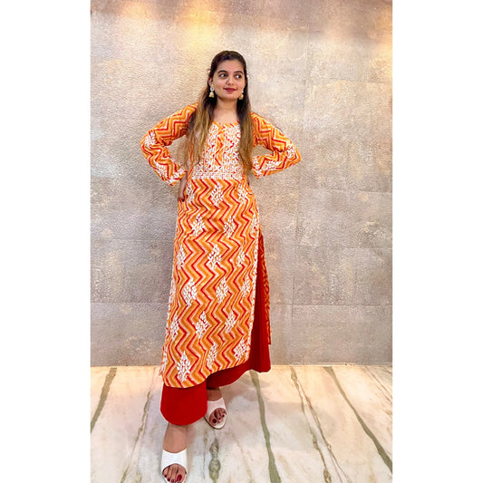 Orange Zigzag Lehariya Cotton Chikankari Kurti