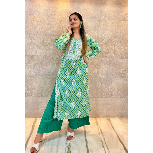 Green Zigzag Lehariya Cotton Chikankari Kurti