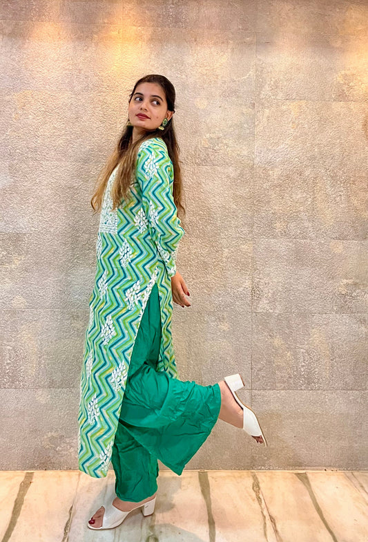 Green Zigzag Lehariya Cotton Chikankari Kurti