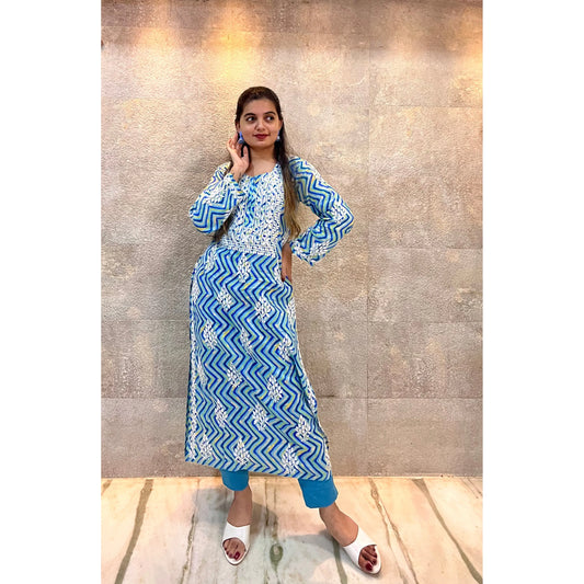 Blue Zigzag Lehariya Cotton Chikankari Kurti