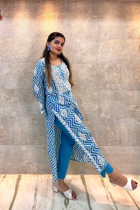 Blue Zigzag Lehariya Cotton Chikankari Kurti