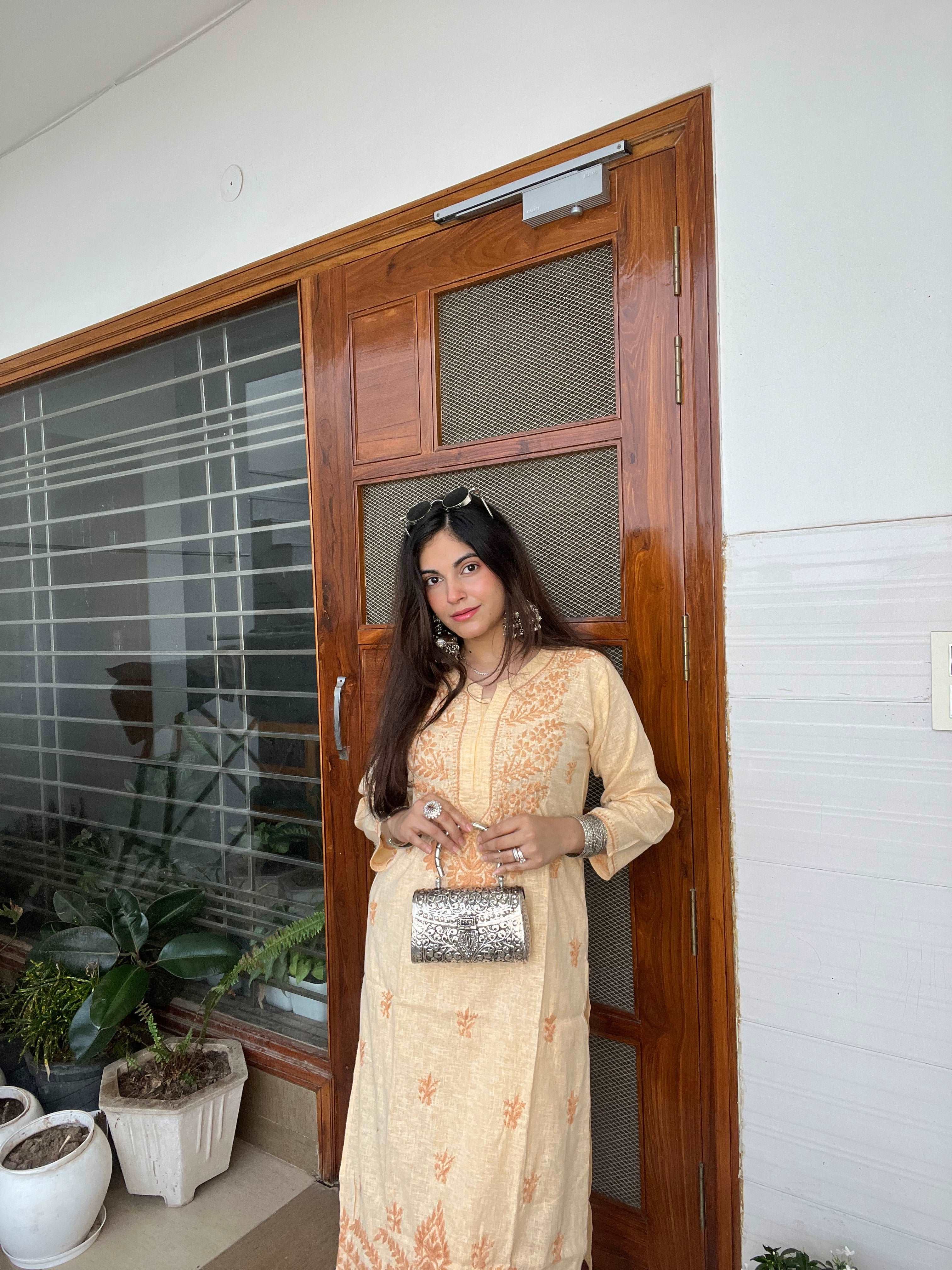 Beige Cotton Chikankari Kurta