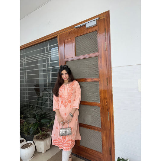 Orange Cotton Chikankari Kurta