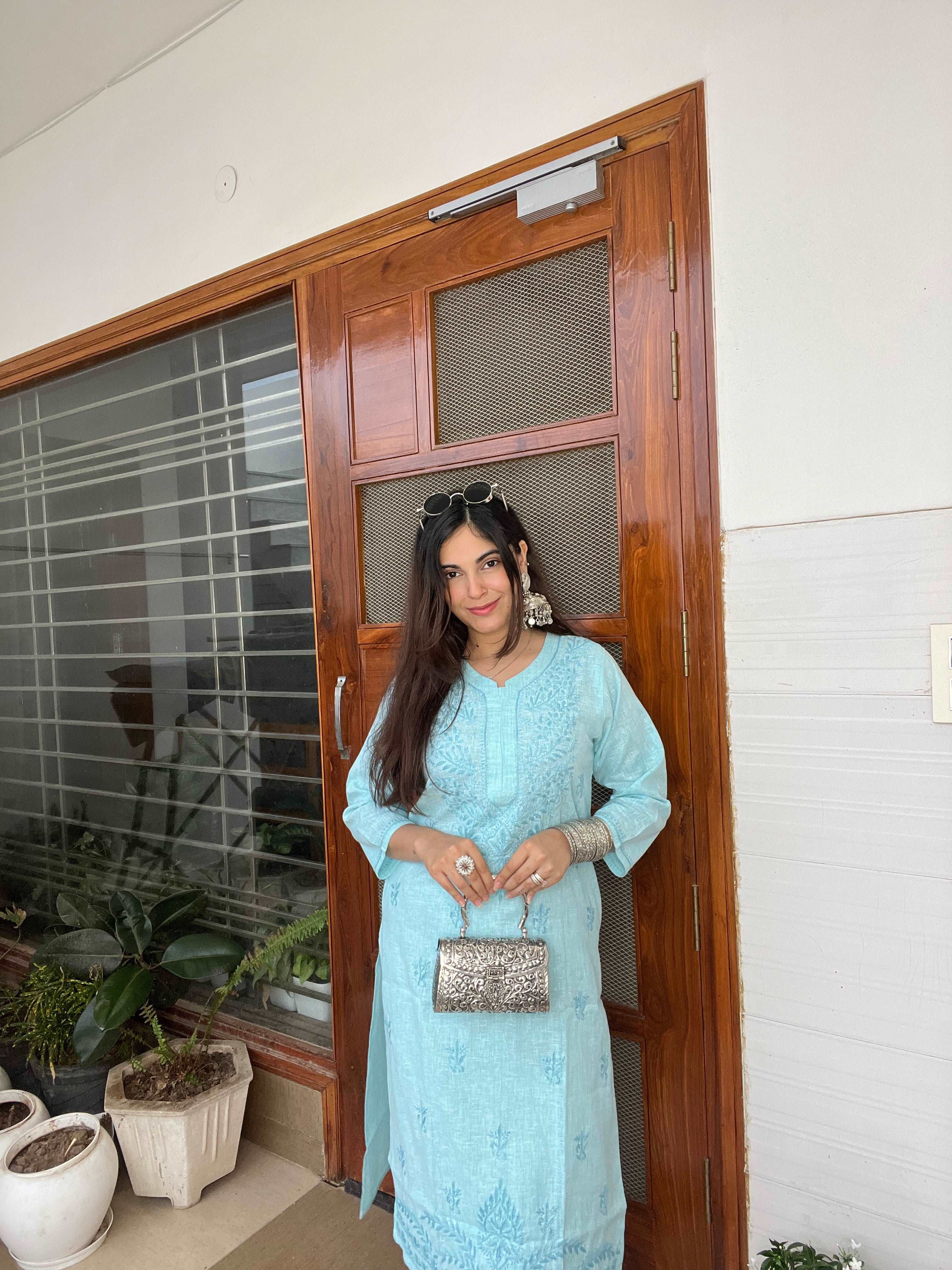 Blue Cotton Chikankari Kurta