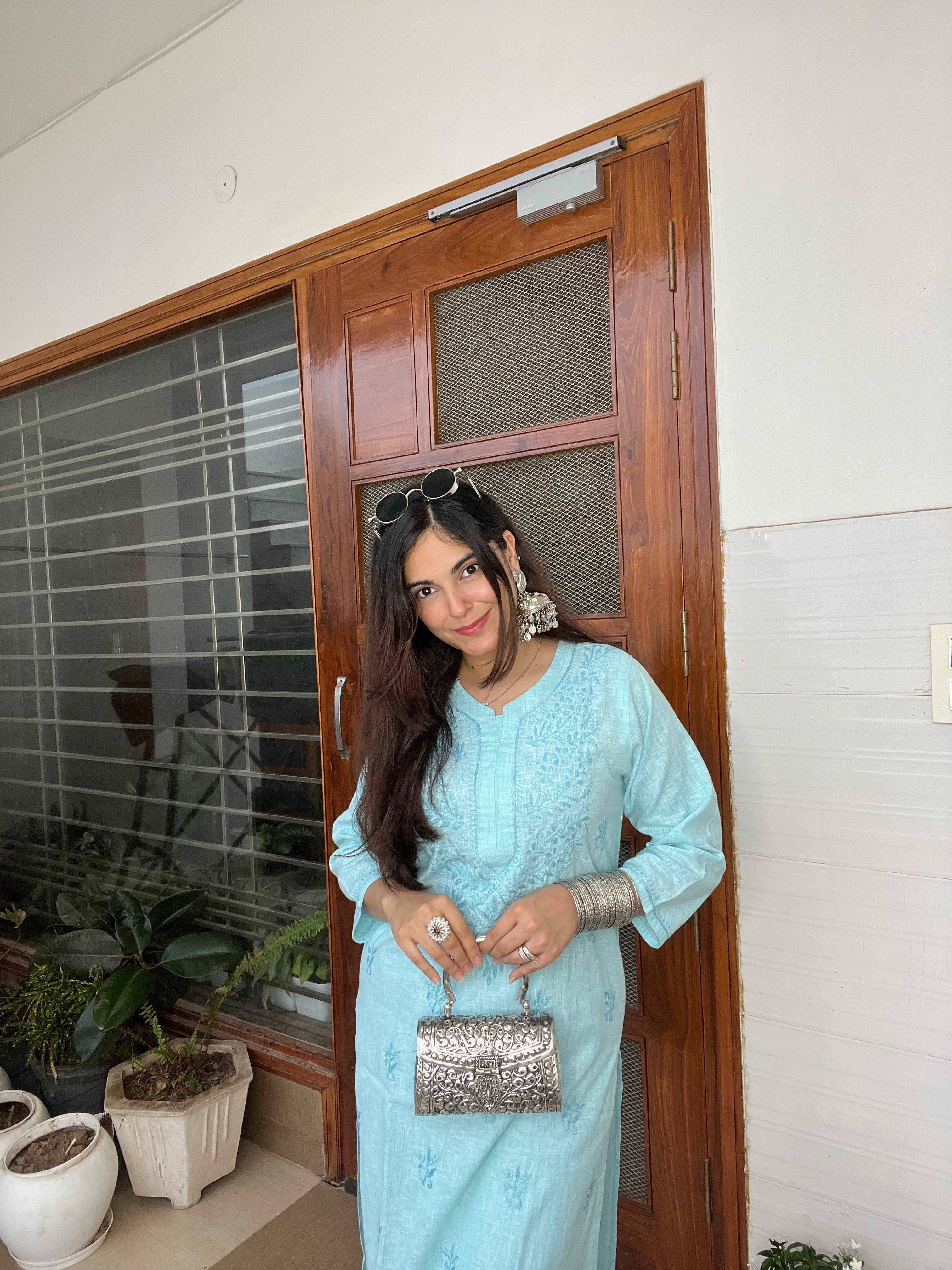 Blue Cotton Chikankari Kurta