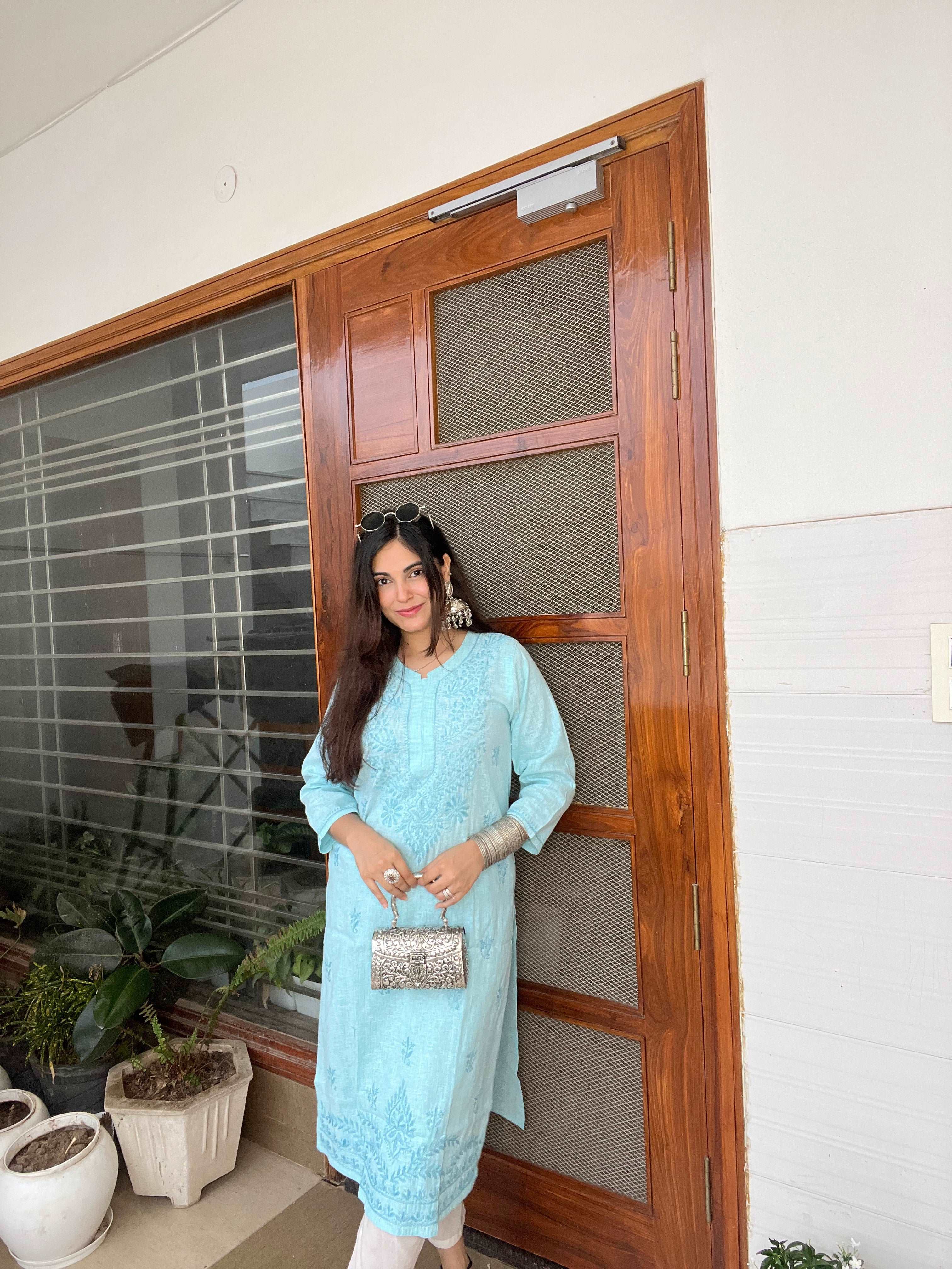 Blue Cotton Chikankari Kurta