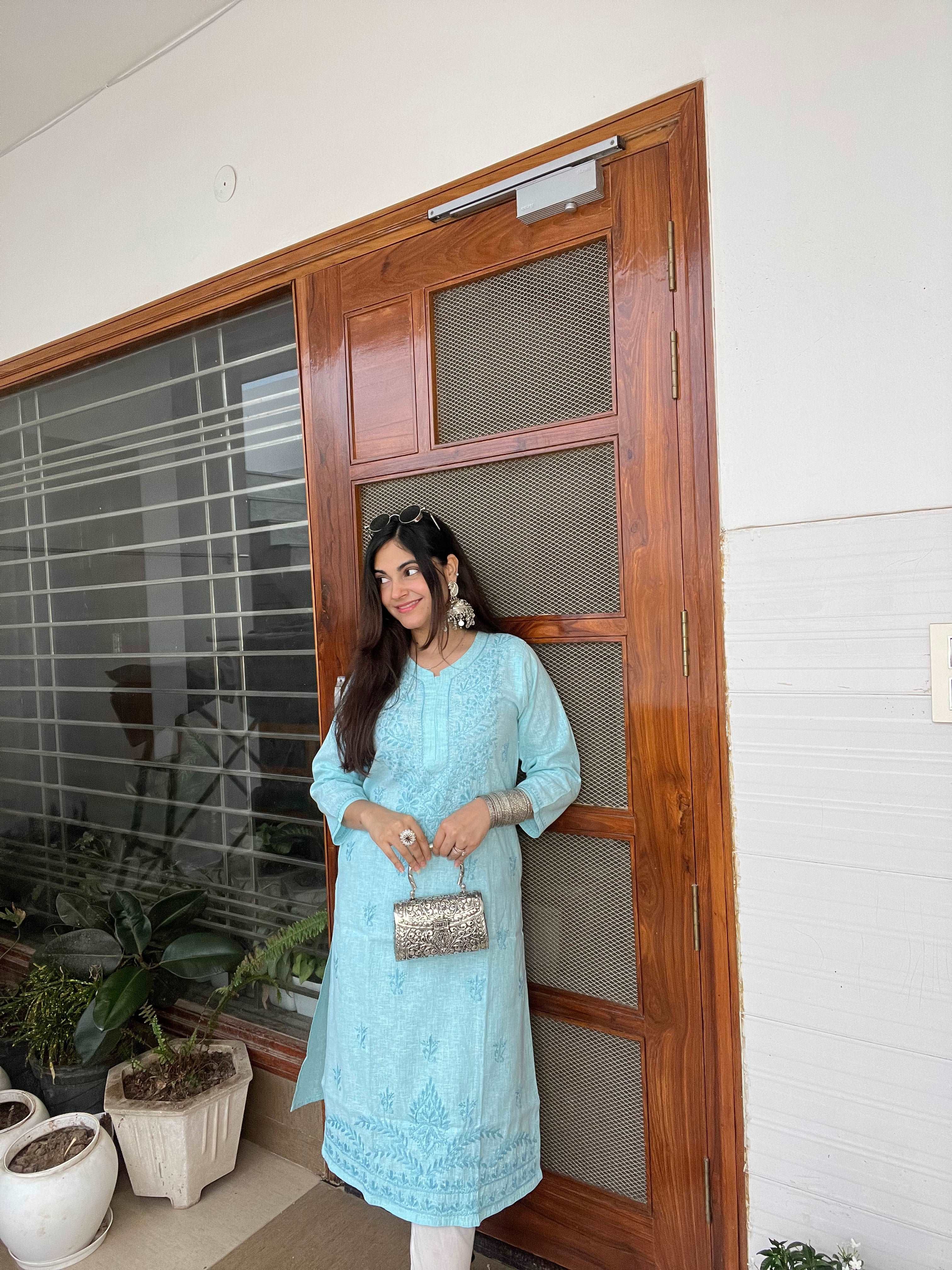 Blue Cotton Chikankari Kurta