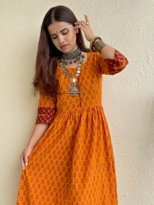 ORANGE COTTON MAXI DRESS WITH BAGH HAND-BLOCK PRINT