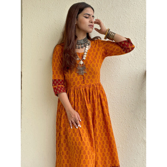 ORANGE COTTON MAXI DRESS WITH BAGH HAND-BLOCK PRINT