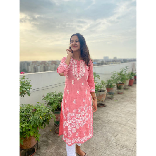 Carrot Red Cotton Chikankari Kurta