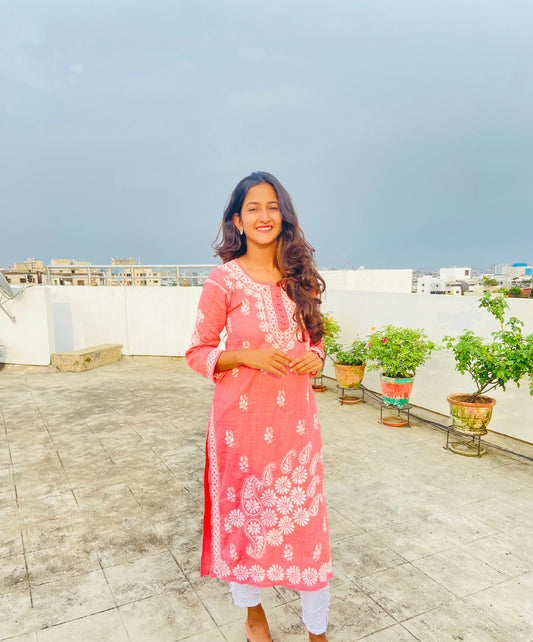 Carrot Red Cotton Chikankari Kurta